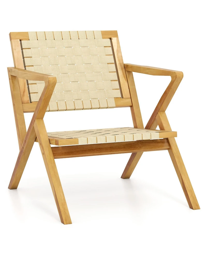 Sugift Outdoor and Indoor Teak Wood Patio Chair wuth Webbing Seat and Backrest