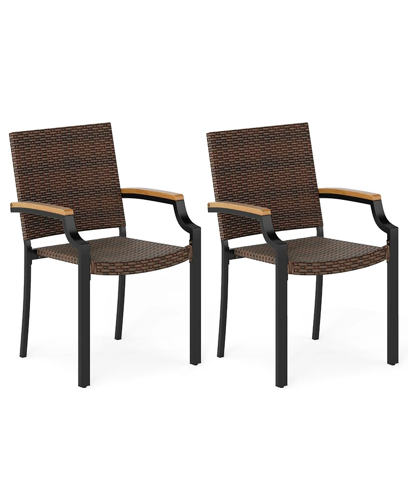 Sugift Stacking Wicker Chairs Set of 2 Patio Rattan Dining Chairs with Acacia Wood Armrests
