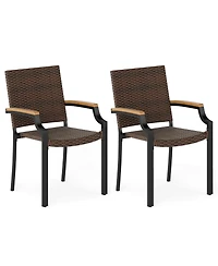 Sugift Stacking Wicker Chairs Set of 2 Patio Rattan Dining Chairs with Acacia Wood Armrests
