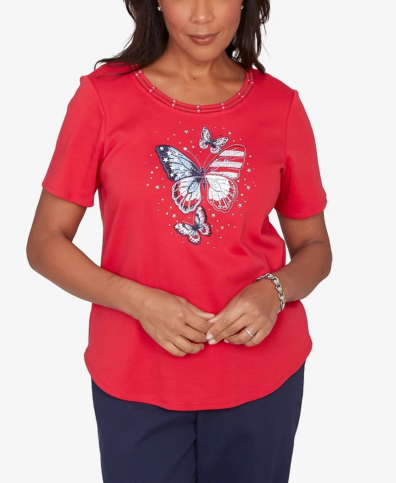 Alfred Dunner Women's Lady Liberty Sparkling Americana Butterfly Crewneck T-shirt