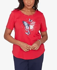 Alfred Dunner Women's Lady Liberty Sparkling Americana Butterfly Crewneck T-shirt
