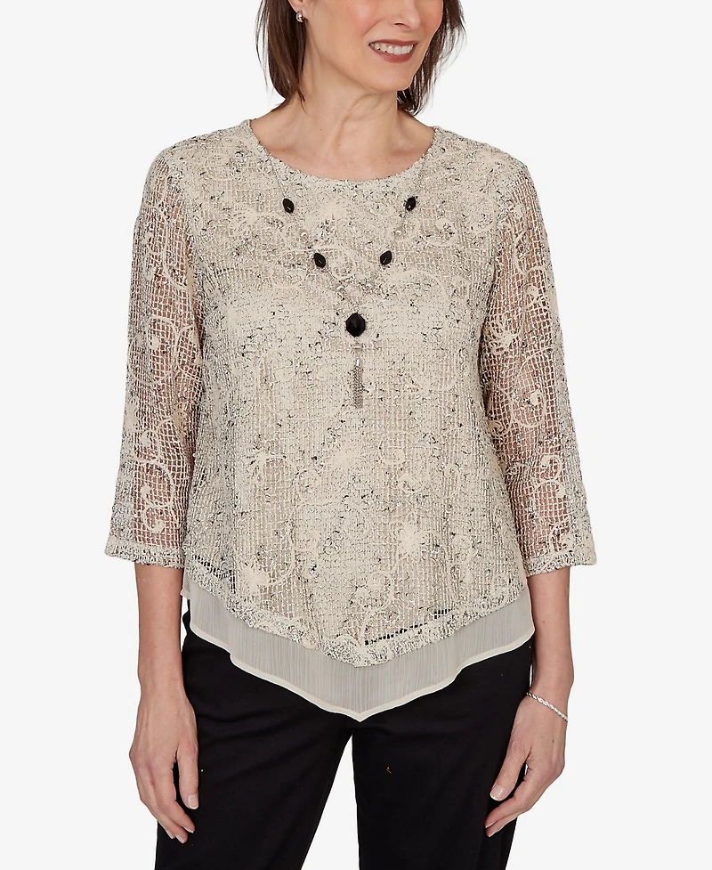 Alfred Dunner Women's Detail Driven Popcorn Mesh Pointed Hem Top with Necklace