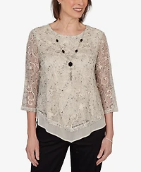 Alfred Dunner Women's Detail Driven Popcorn Mesh Pointed Hem Top with Necklace