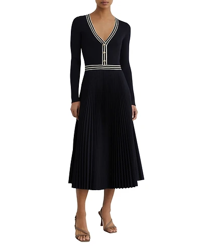Reiss Women's Rib-Knit Stripe-Trim Pleated Midi Dress