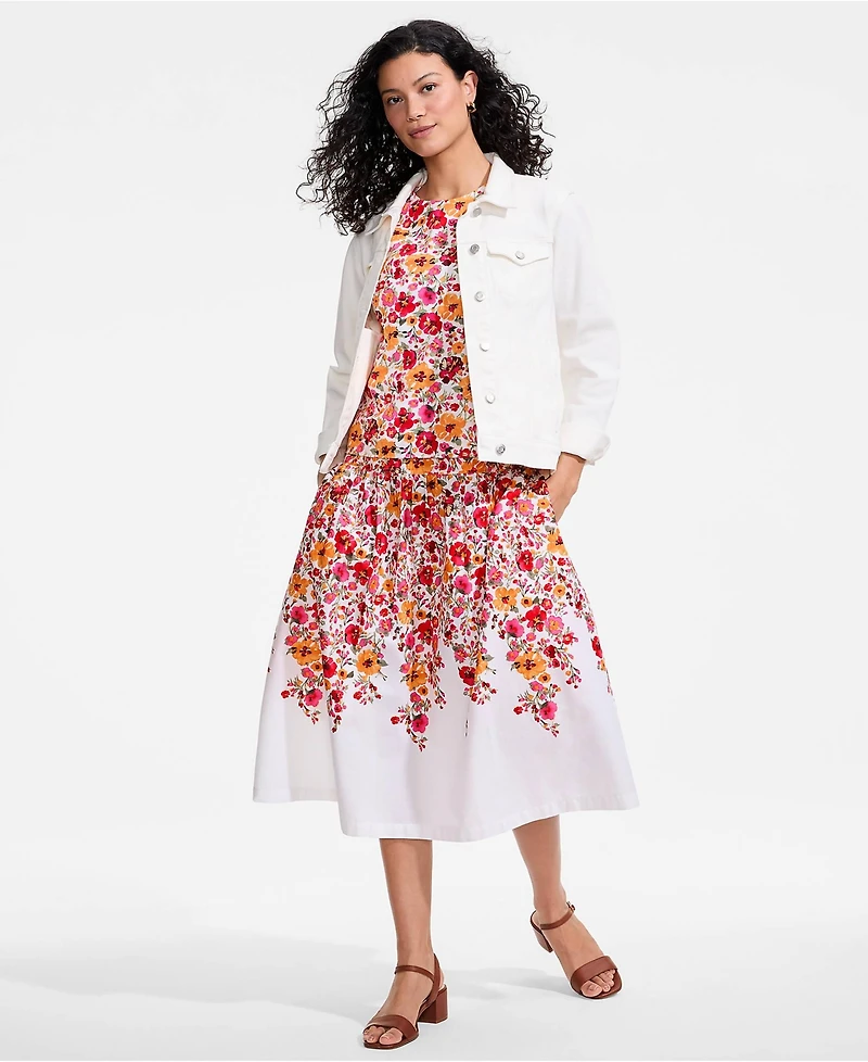 Lands' End Women's Poplin Drop Waist Midi Skirt - Set Bottom