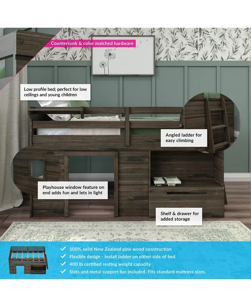 Max & Lily Modern Farmhouse Low Loft Bed with Storage Drawer, Solid Wood for Kids