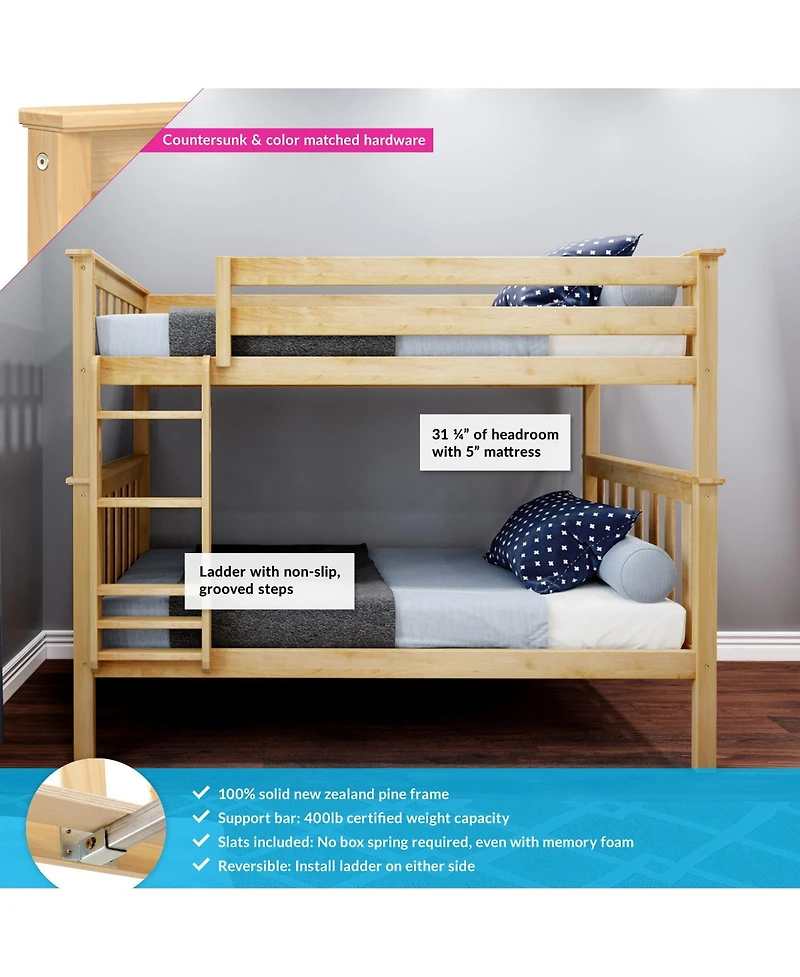 Max and Lily Twin over Bunk Bed for Kids, Solid Wood Beds with Ladder, Pecan