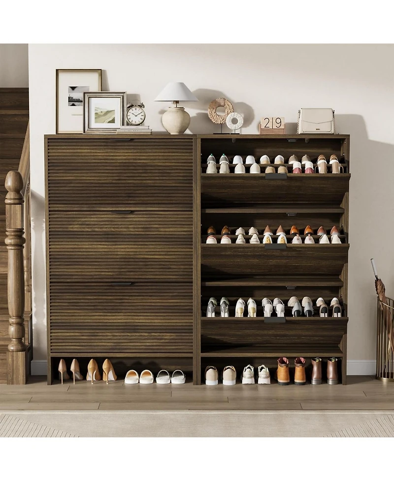 Homfan Fluted Shoe Cabinet with 3 Flip Drawers, Wide Slim Entryway Storage