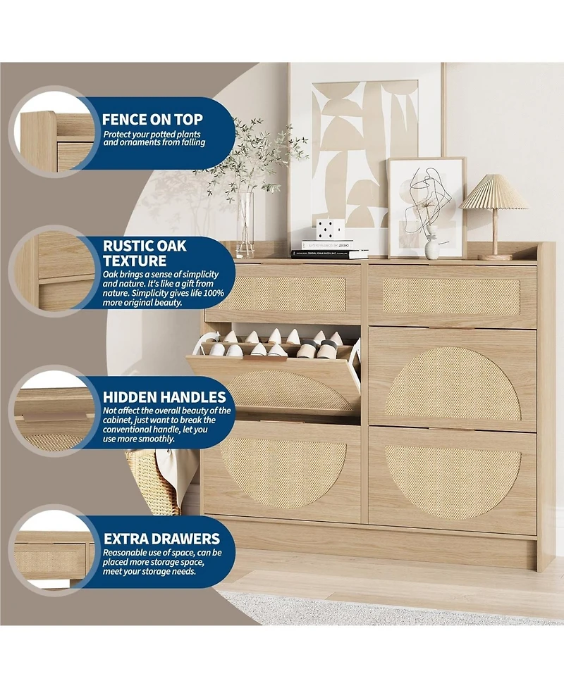 Homfan Rattan Shoe Cabinet with Adjustable Shelves and Metal Handles, Narrow Entryway Storage