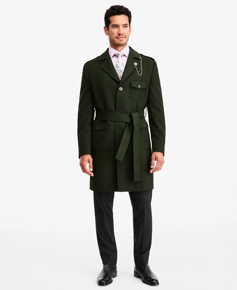 Tayion Collection Men's Classic-Fit Green Herringbone Overcoat