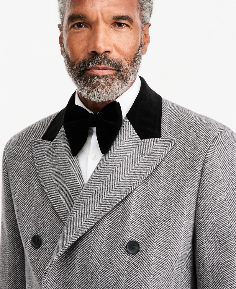 Tayion Collection Men's Classic-Fit Herringbone Light Gray Double-Breasted Overcoat