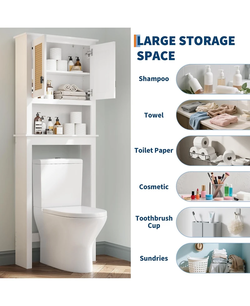 homfan Storage Cabinet, Over Toilet Bathroom Organizer with Rattan Doors, Bathroom Cabinet with Adjustable Shelf and with Anti-Tip Device