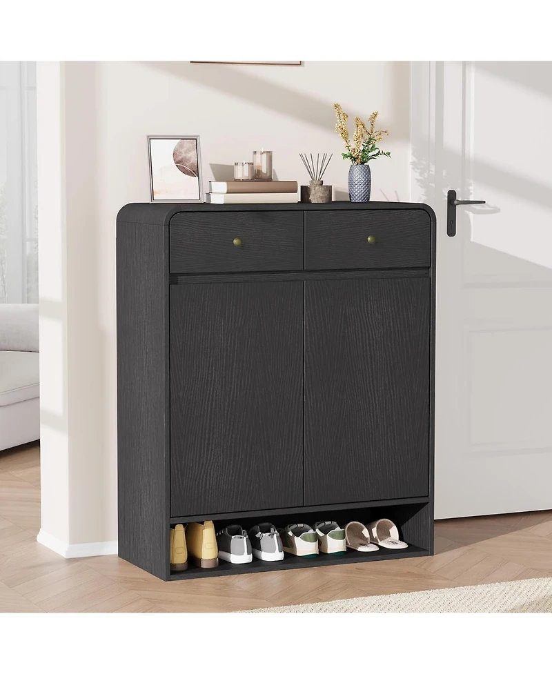 Homfan Shoe Cabinet with 2 Doors and Drawers, 4 Tier Entryway Storage Open Bottom Shelf