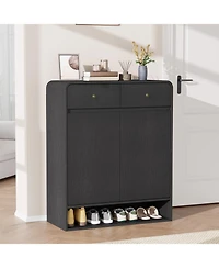 Homfan Shoe Cabinet with 2 Doors and Drawers, 4 Tier Entryway Storage Open Bottom Shelf