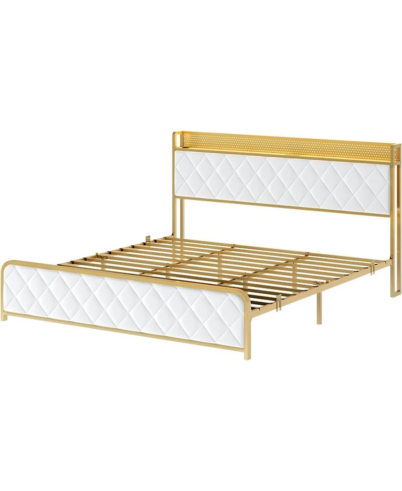 gaomon King Platform Bed Frame with Charging Station, Led Lights, Velvet Storage Headboard, Noise-Free, No Box Spring Needed