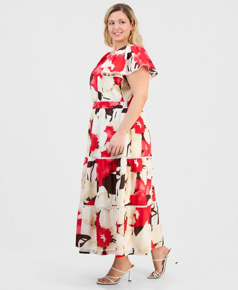 Anne Klein Plus Printed Cotton Flutter-Sleeve Maxi Dress
