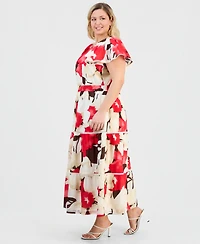 Anne Klein Plus Printed Cotton Flutter-Sleeve Maxi Dress