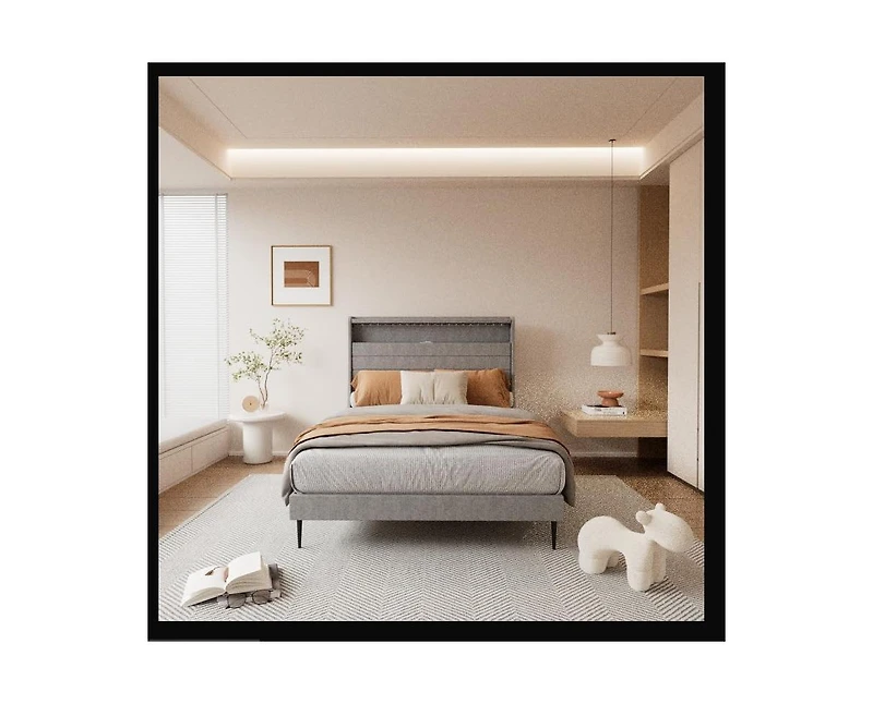 Homfan Modern Upholstered Platform Bed Frame with Led Headboard and Charging Station - Wooden Slat Support, Noise-Free