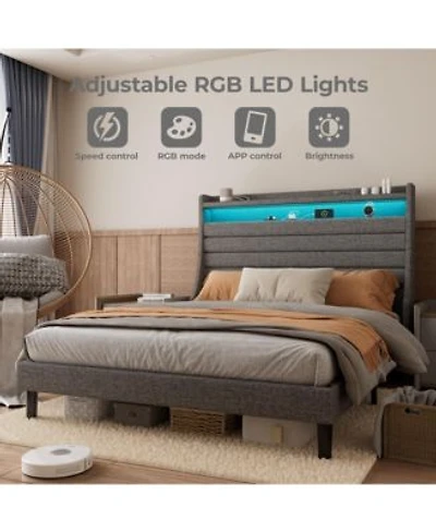 Homfan Modern Upholstered Platform Bed Frame With Led Headboard Charging Station Wooden Slat Support Noise Free Easy Assembly