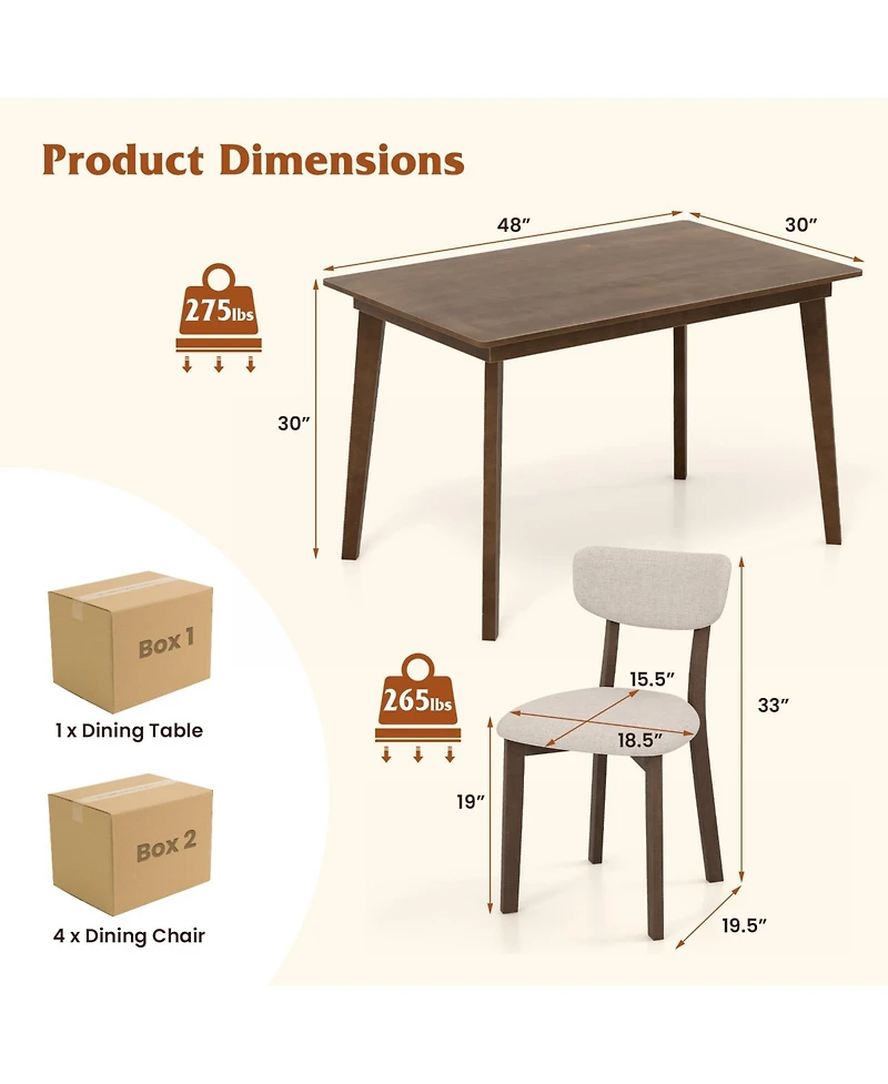 Gouun 5-Piece Padded Dining Set with Rubber Wood Table and 4 Linen Chairs
