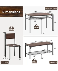 Gouun 4-Piece Industrial Dining Table Set with Bench, Chairs and Storage