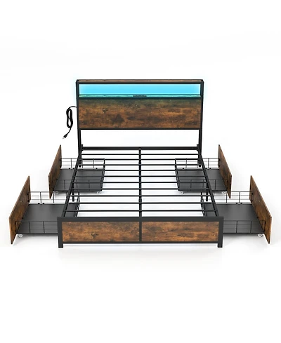 Gouun Full Size Led Bed Frame with 4 Storage Drawers and Built-In Charging Station