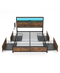 Gouun Full Size Led Bed Frame with 4 Storage Drawers and Built-In Charging Station