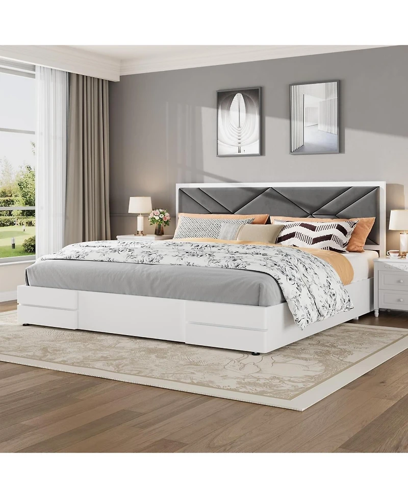 Homfan Modern Soft Upholstered Platform Bed Frame with Headboard - Sturdy Wood Slats - Noise-Free