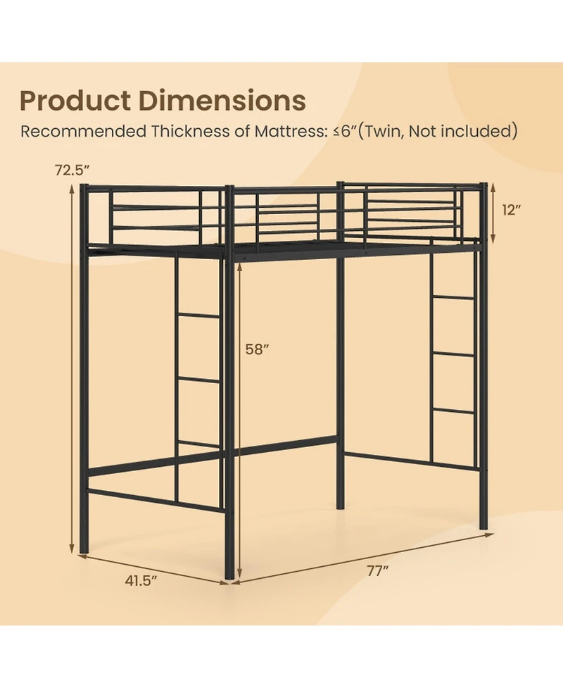 Gouun Steel Twin Loft Bed with Dual Ladders and Full-Length Guardrail