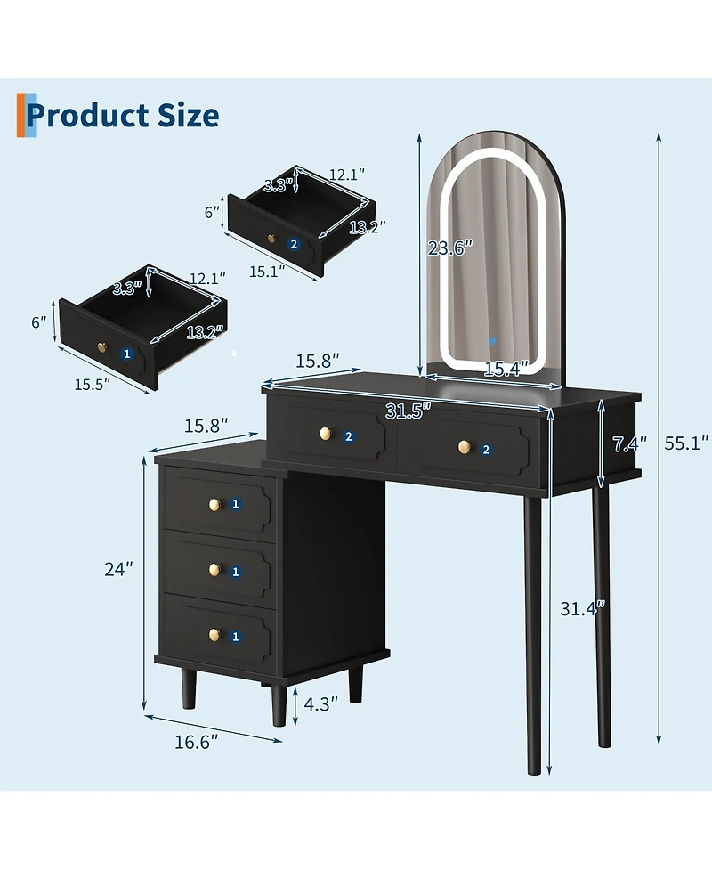 Homfan Makeup Vanity Desk with Mirror and Lights, Modern Table 2 Drawers Adjustable 3-Drawer Cabinet, Wood Dressing for Bedroom
