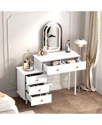 Homfan Makeup Vanity Desk with Mirror and Lights, Modern Table 2 Drawers Adjustable 3-Drawer Cabinet, Wood Dressing for Bedroom