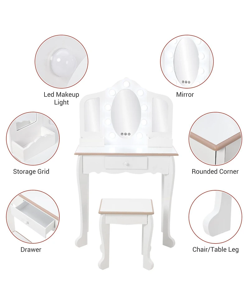 Homfan Kids Vanity Set with Lighted Tri Fold Mirror, Wooden Pretend Play Dressing Table Stool, Storage Drawer & Adjustable Led Modes