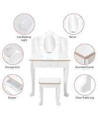 Homfan Kids Vanity Set with Lighted Tri Fold Mirror, Wooden Pretend Play Dressing Table Stool, Storage Drawer & Adjustable Led Modes