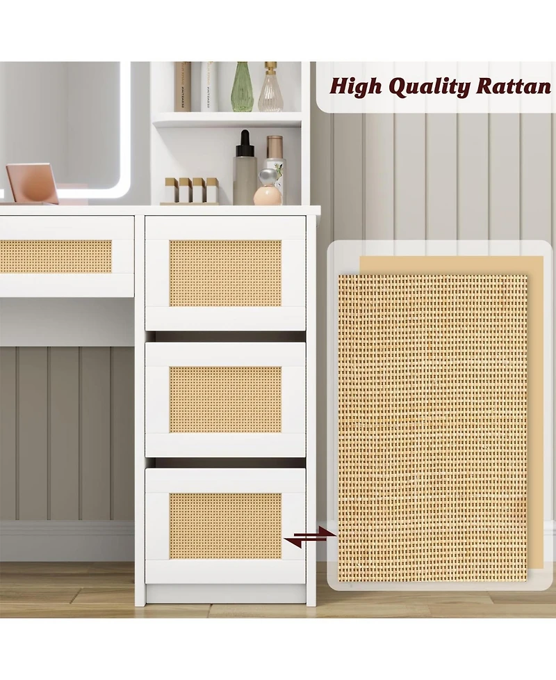 Homfan Rattan Vanity with Mirror, Makeup Vanity Desk with Adjustable Led Light, Large Storage Space and4 Drawers, 2 Tiers of Open Shelves for Bedroom