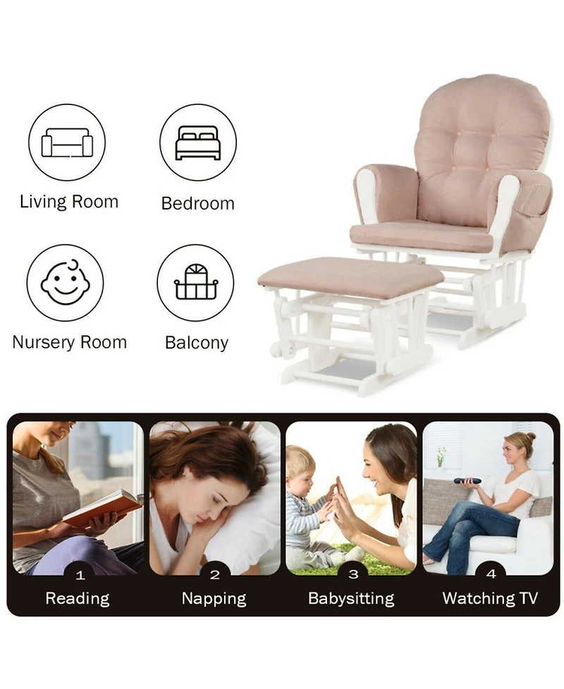 Gouun 29.5 x 28.5 in. Wood Glider with Ottoman, Storage Pocket and Detachable Cushion