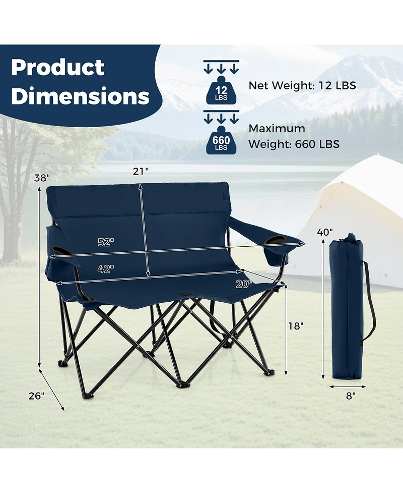 Sugift Double Camping Chair Two Person Folding Loveseat with Cup Holders
