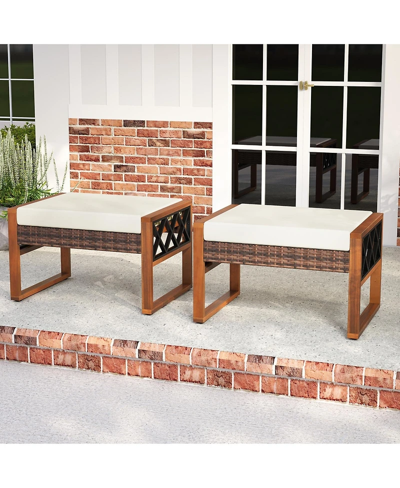 Sugift Pe Rattan Wicker Ottomans Set of Two with Removable Cushions