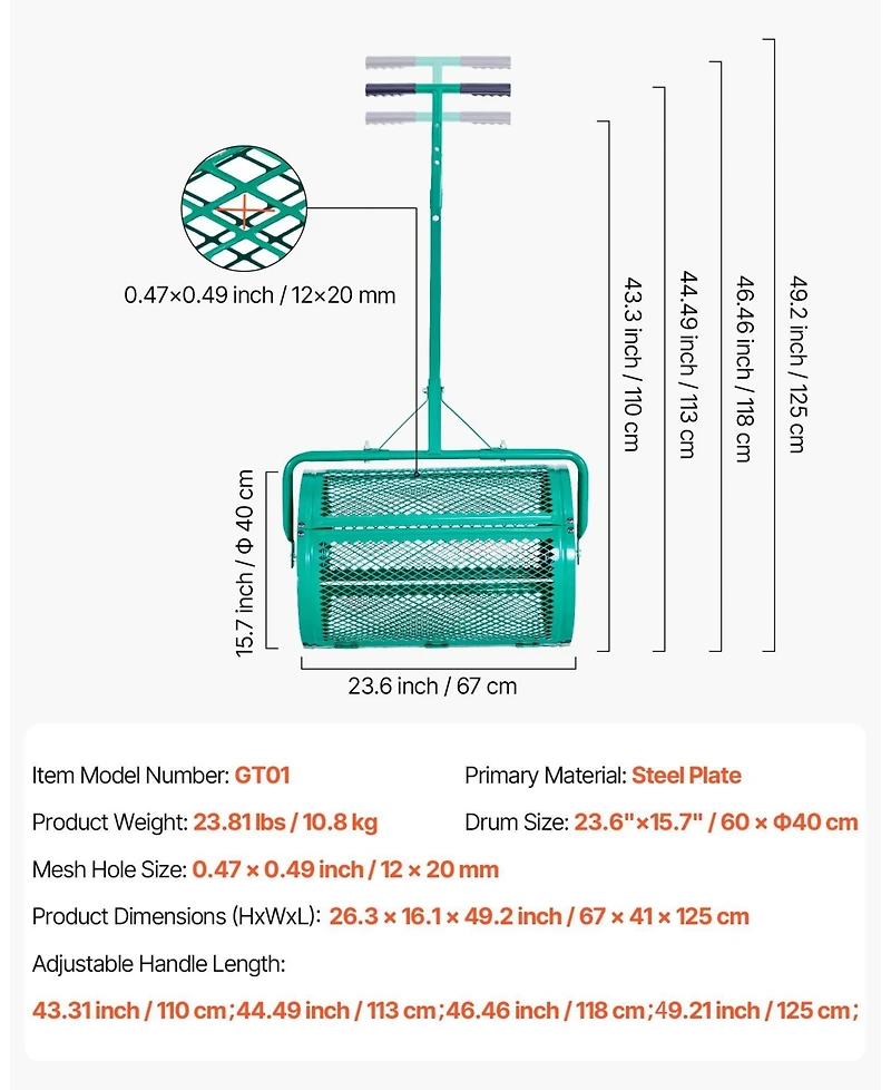 Sugift Compost Spreader, 24 inches Wide with Adjustable Height, Powder-Coated Steel Roller