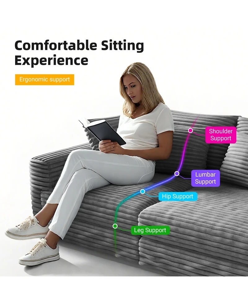 Rainsken 82.7" Corduroy 3-Seater Sofa, Convertible Deep Seat Lounge Couch, Modern Plush Upholstered Sofa with Soft Pillows for Living Room Decor