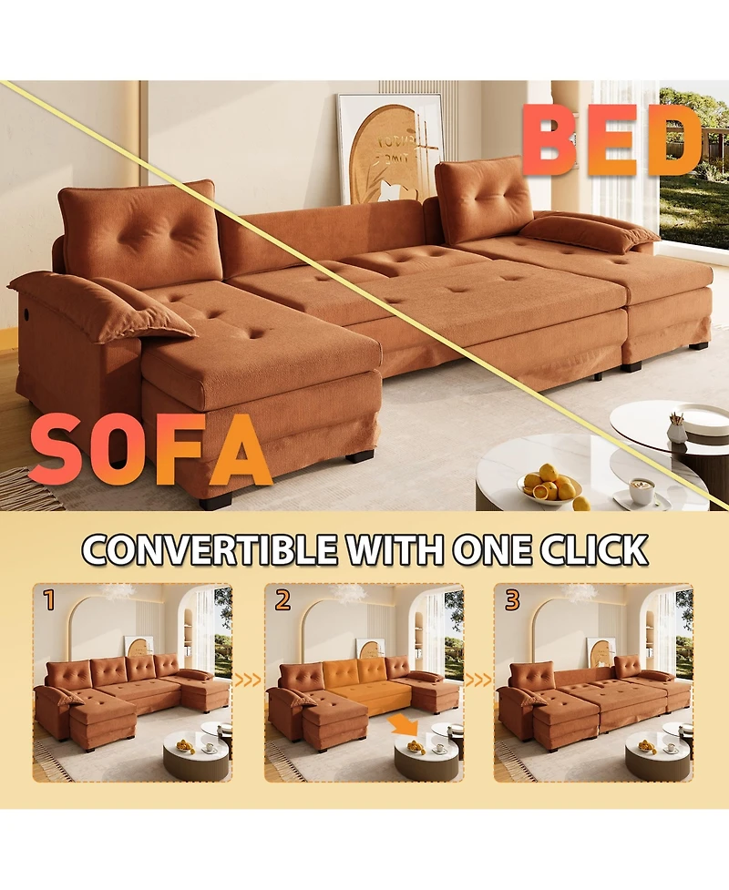 Rainsken 109.5" Convertible U-Shaped Sofa, Oversized Modular Sectional Sleeper with Pull Out Bed, Removable Armrests and Usb Ports for Living Room