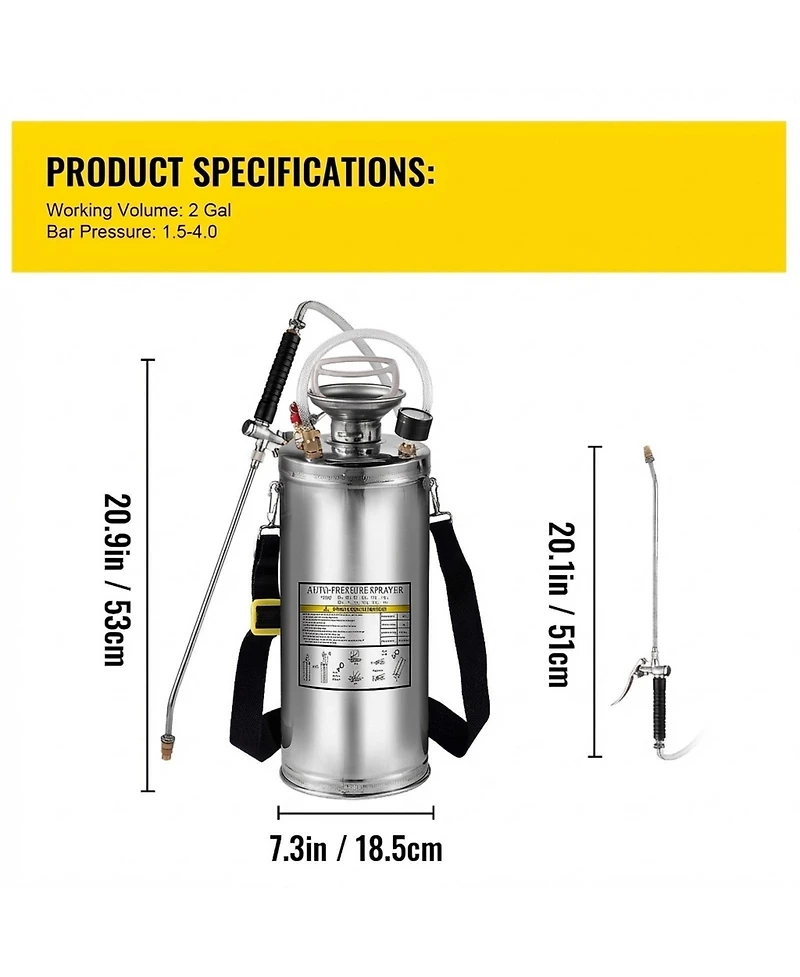 Sugift 2Gal Stainless Steel Sprayer, 20" Wand, Adjustable Nozzle for Gardening