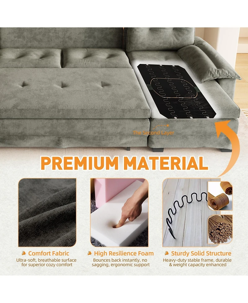 Rainsken Oversized U-Shaped Sofa Bed, Modular Sectional Couch with Pull-Out Sleeping Area, Detachable Armrests and Usb Ports for Living Room