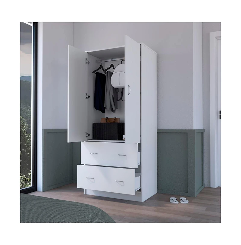 Flynama Edie Armoire White Bedroom Storage Organizer with Clothing Rod Upper Shelf and Lower Drawer