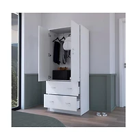 Flynama Edie Armoire White Bedroom Storage Organizer with Clothing Rod Upper Shelf and Lower Drawer