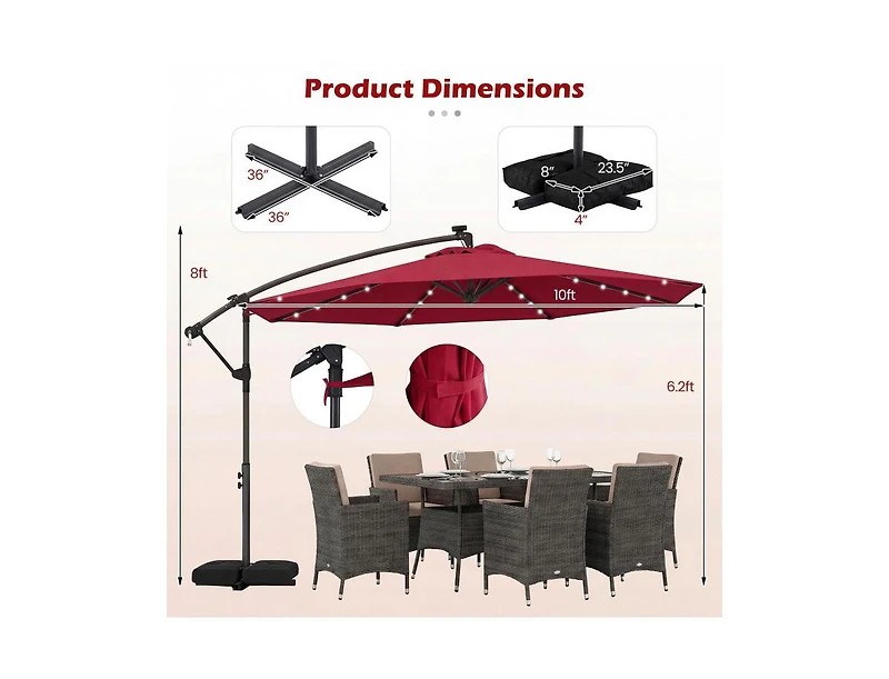 Slickblue Outdoor Cantilever Patio Umbrella with Solar Led Lights, Hanging Design