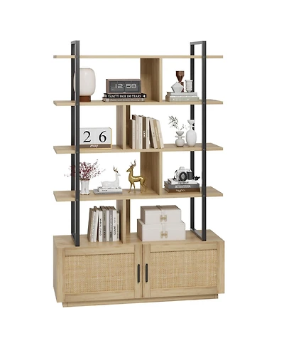 gaomon 5-Tier Tall Rattan Office Bookshelf - 71.1" Industrial Bookcase - Storage Cabinet with Door - Metal Frame, Open Display Shelves