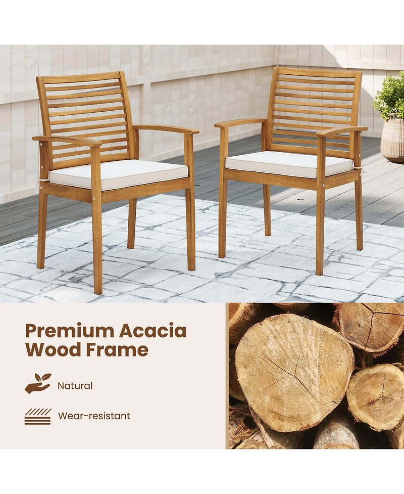 Gouun Set of 2 Acacia Wood Patio Dining Chairs with Slatted Backrest and Cushions