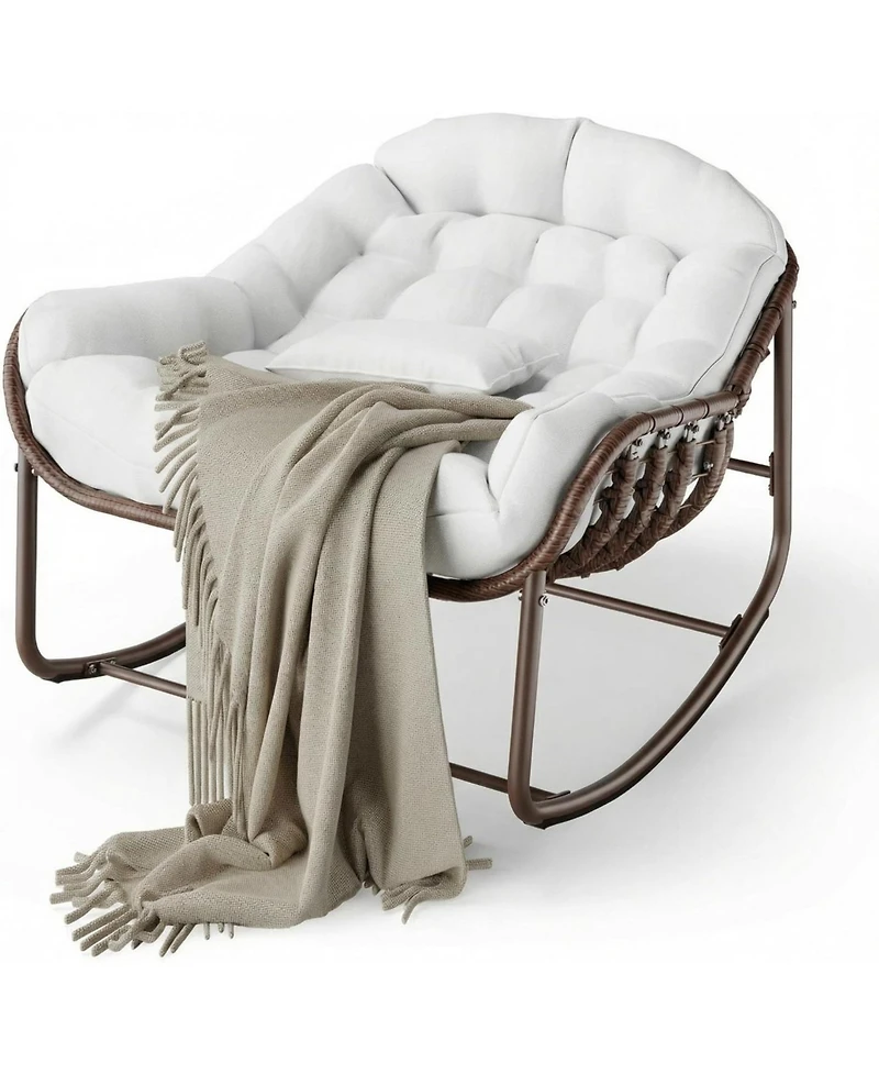 gaomon Outdoor Oversized Papasan Rocking Chair with Wicker Lounge Seat, Cushion and Metal Frame, Rattan Egg Style