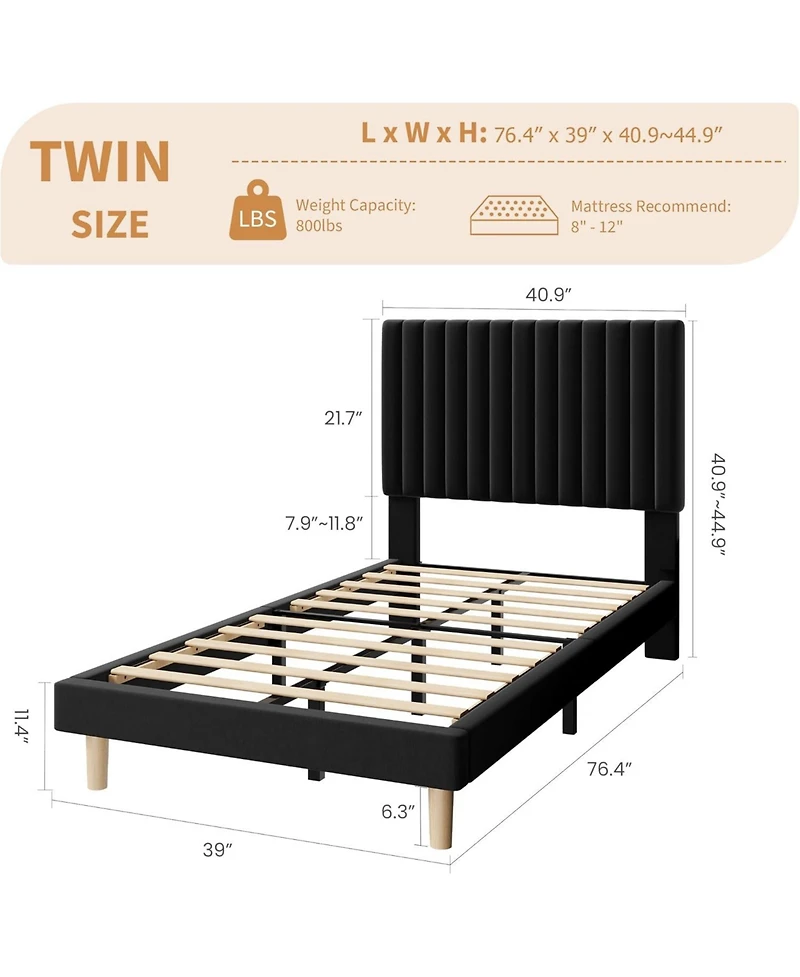 gaomon Twin Velvet Upholstered Bed Frame with Vertical Channel Tufted Adjustable Headboard