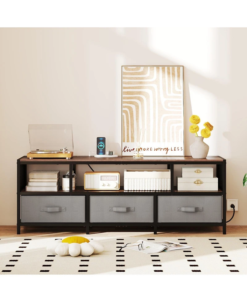 Gouun Industrial 55-Inch Tv Stand with Power Outlets and Fabric Drawers